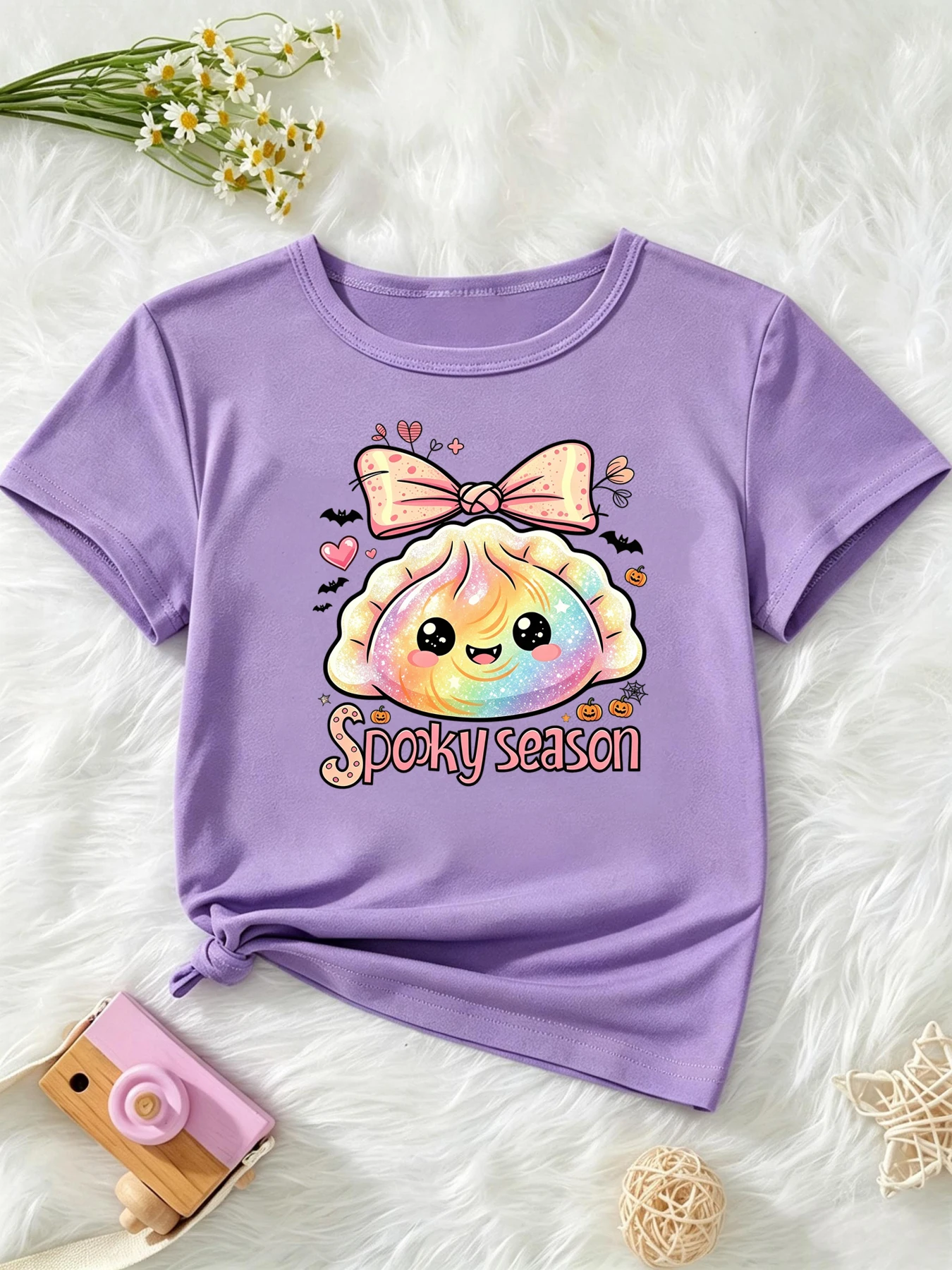Spooky Season Dumpling Bow Printed T Shirt Girls Halloween Thanksgiving Gift T-Shirt Kawaii Kids Clothes Short Sleeve T-Shirt