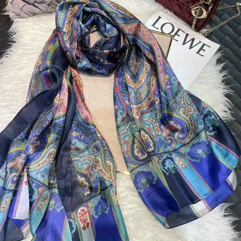 

Lightweight Large 100% Mulberry Silk Scarf for Women Oblong Shawl Neck Scarf Beach Wrap Headscarf Gift Pack Blue Paisley Print
