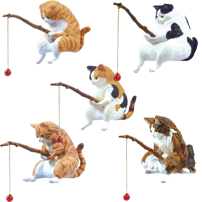 Japan Genuine Gashapon Capsule Toy Miniature Cat Fishing Kawaii Doll Table Ornaments Model Toy Kids Gifts