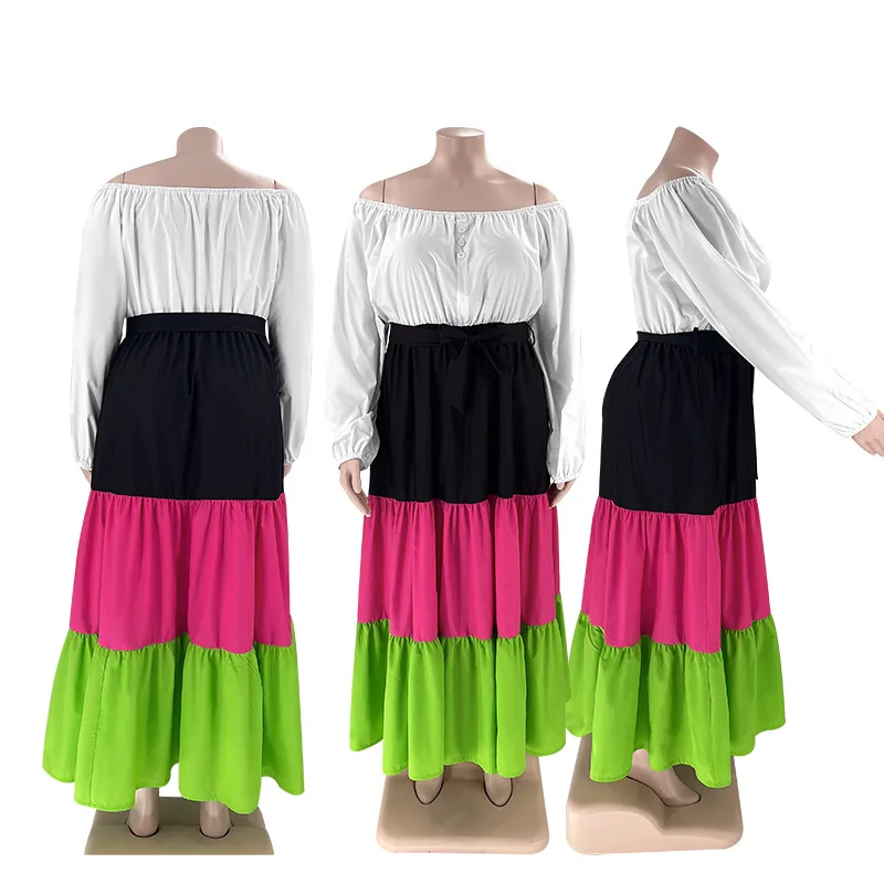 Vestidos de talla grande para mujer, Vestidos largos de retazos de Color, cuello de barco, manga larga, ropa de calle informal, moda de vacaciones, otoño