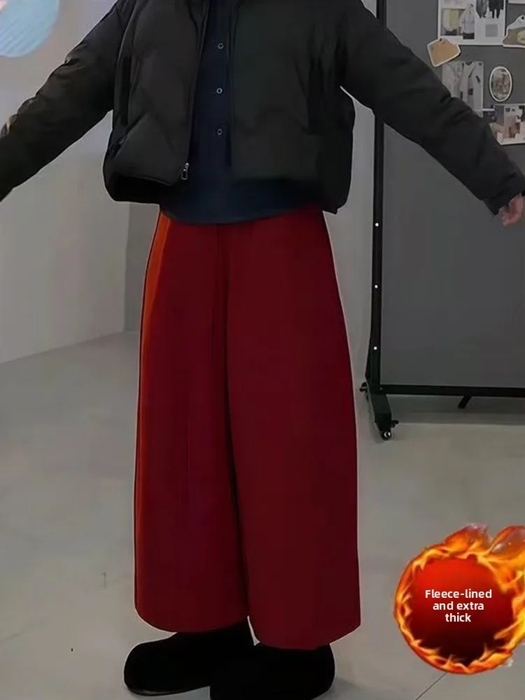 Rode Fce Gevoerde Verstewol Wijde Pijpen Broek Dames Winter Nieuwe Sle Hoge Taille Rechte Cut Loose Fit Pendelen Faion