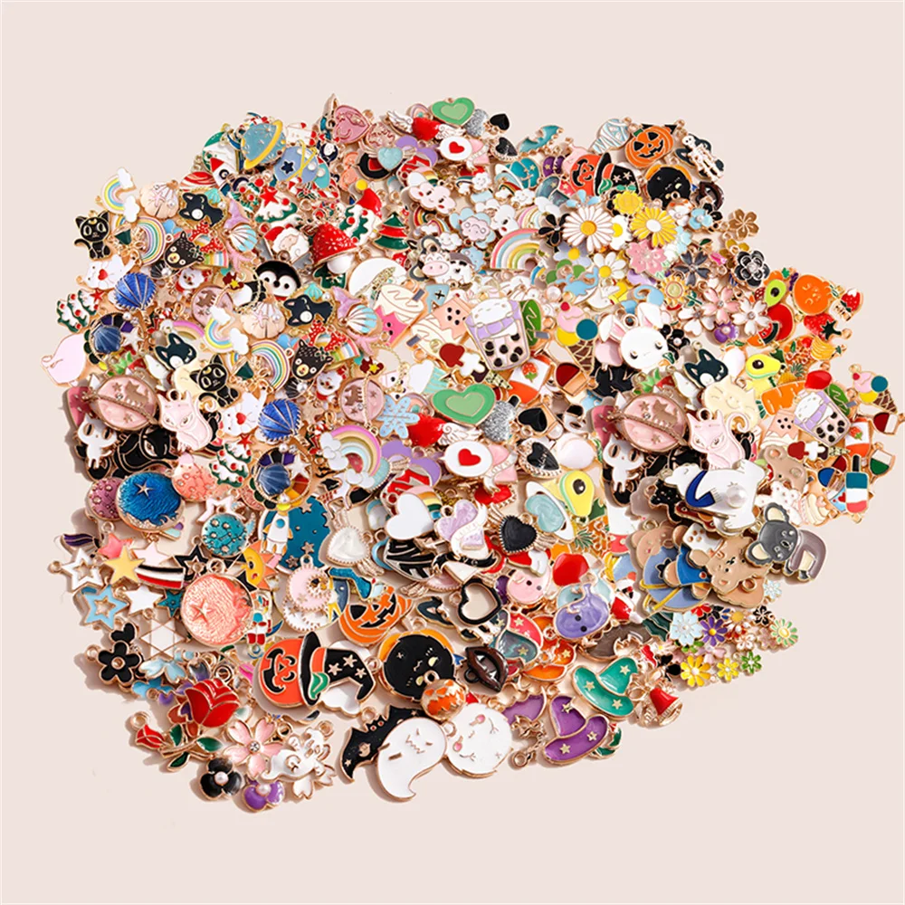 

Leslie Bulk Sale 50/100pcs Enamel Cartoon Hearts Animal Charms Flowers Fruits Rainbow Pendants for DIY Jewelry Making Wholesale