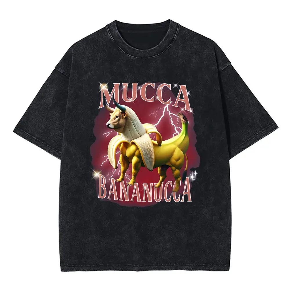 

Washed Vintage Italian Brainrot Mucca Bananucca Graphic T Shirts Banana Cattle Funny Meme T-shirt Men Women Casual Cotton Tshirt