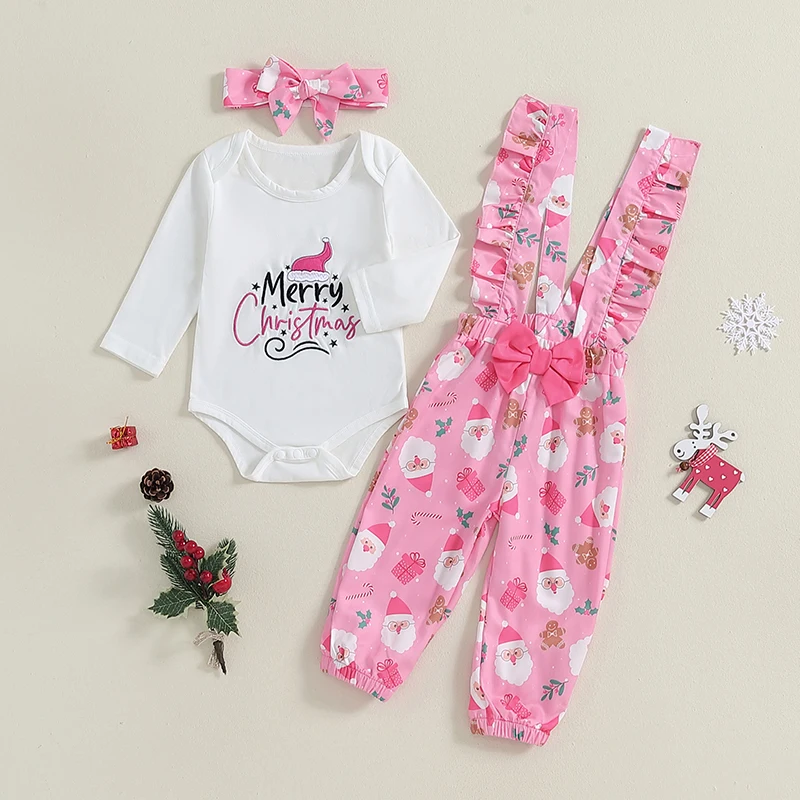 Baby Girls Christmas Outfit Letter Embroidery Long Sleeves Romper and Elk/Santa Print Overalls Headband Set