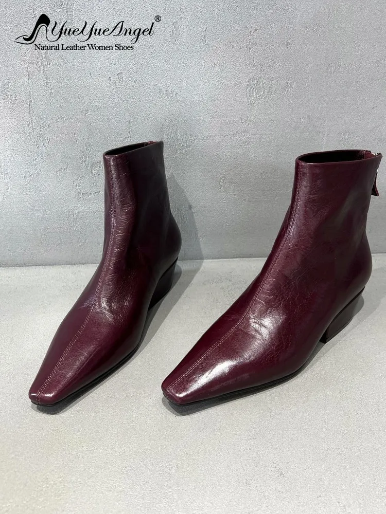 Leisure Female Genuine Leather Square Toe Chunky Heel Ankle Boots Versatile Solid Color Cowhide Zipper Footwear