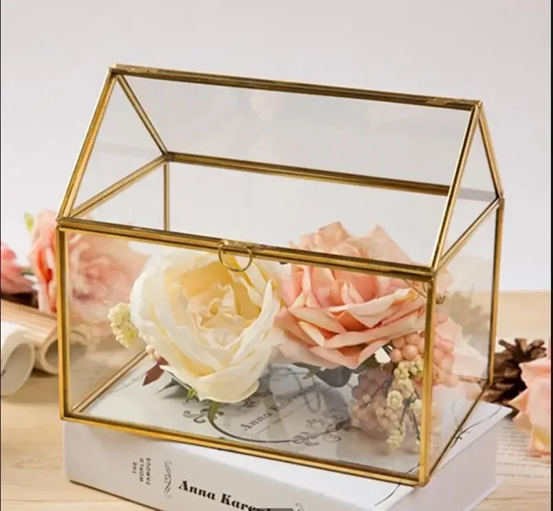 Transparent Glass Storage Box Wedding Card Boxes House Shape Jewelry Vanity Decorative Display Stand Organizer