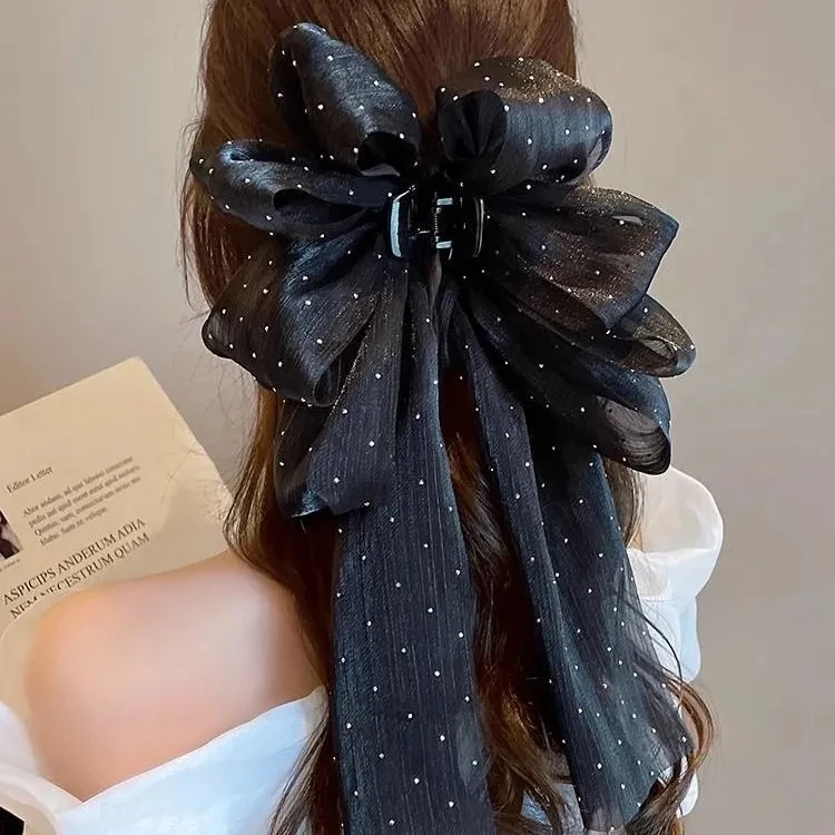 Large Mesh Bow Hair Claw Clip Sweet Elegant Simple Hairpin Women Ponytail Hair Crab Clip Girls Ribbon Non-slip Hair Accessories