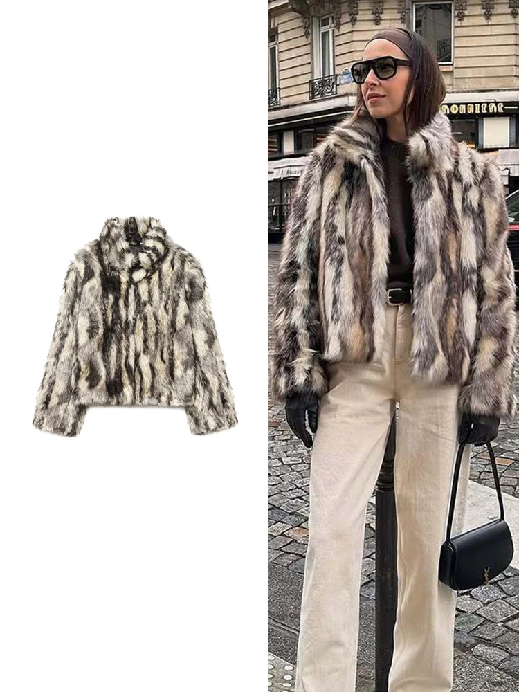 

Women Chic Street Print Fur Coat 2025 Winter New Fashion Long Sleeve Warm Short Faux Fur Jacket Female Autumn Outerwear