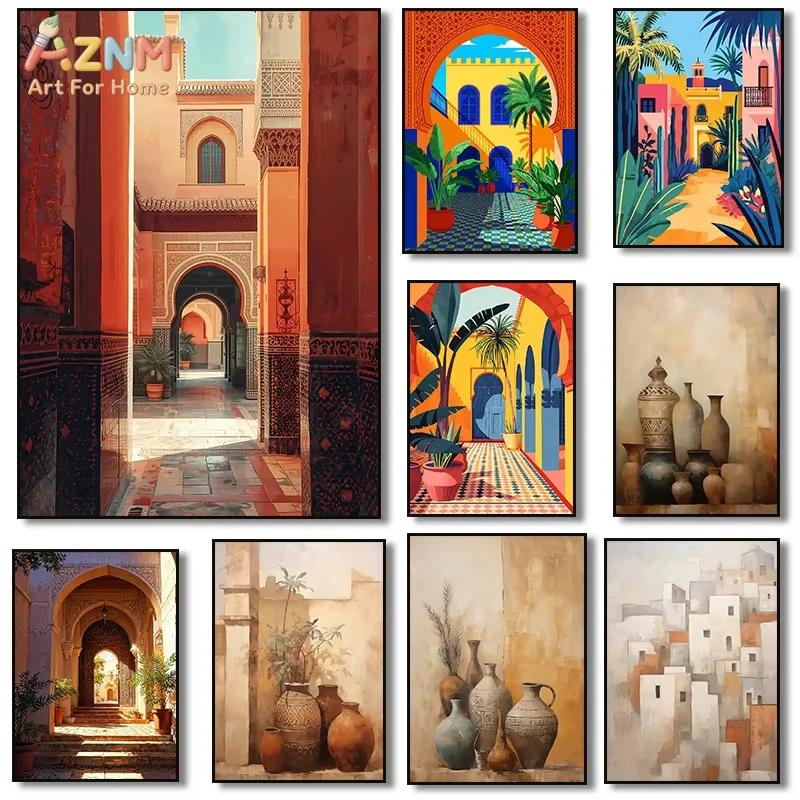 Vintage Vases and Plant Moroccan Courtyard Mediterranean Village Poster Canvas Painting Print Wall Art Picture Room Home Decor