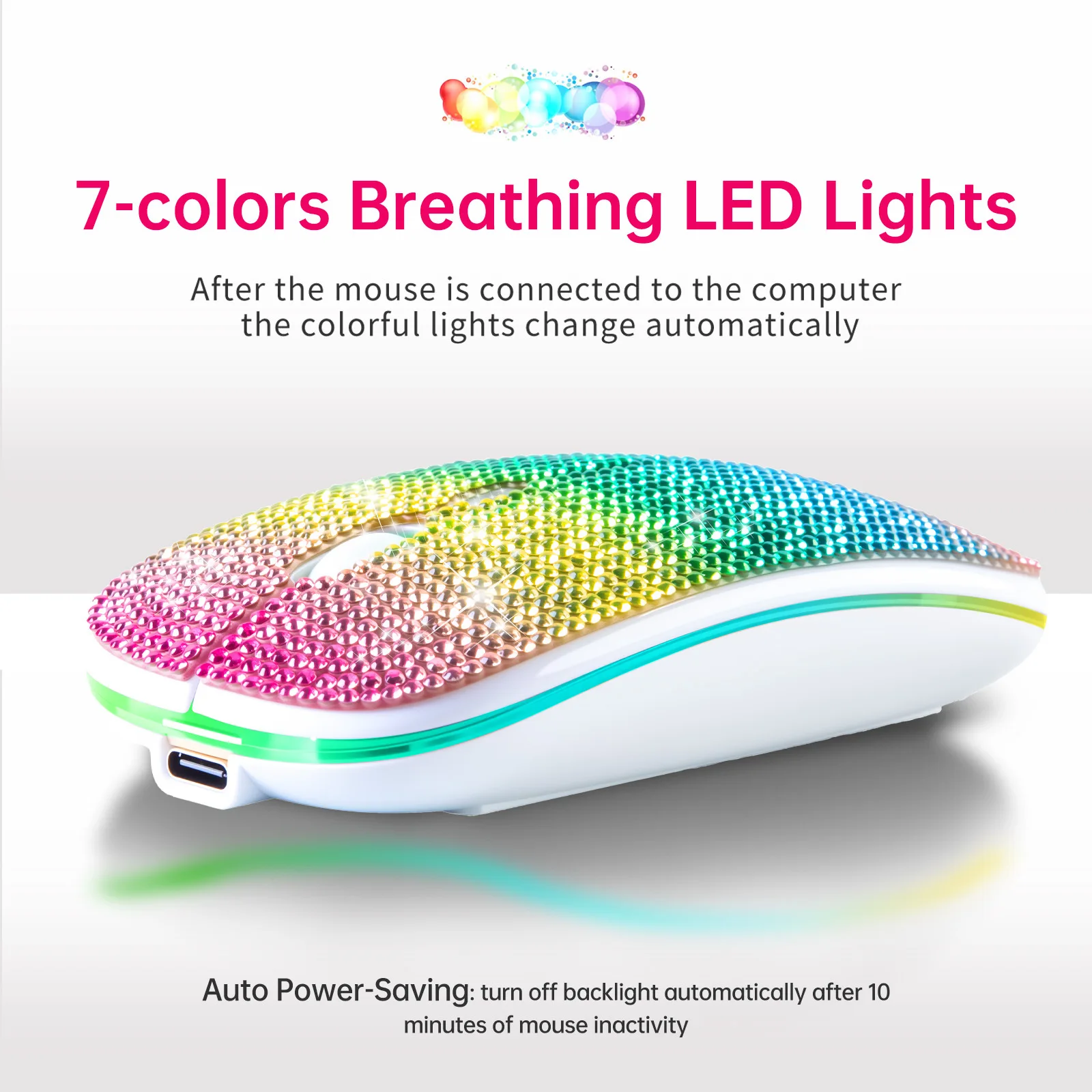 Wireless Rechargeable Diamond Inlaid Mouse 2.4G BT5.4 Dual Mode Adjustable DPI 7 Colors Breathing LED Light Slim Portable Mice