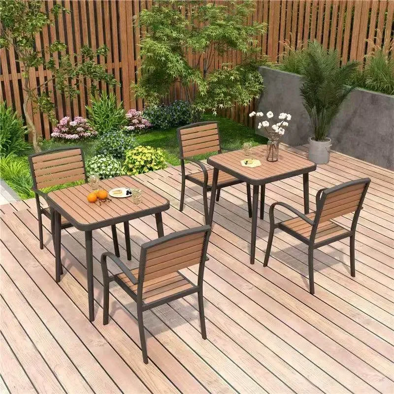 French Simple Outdoor Plastic Wood Wrought Iron Table and Chair Set for Coffee Shop Bar Leisure Sun Protection Anti Corrosion