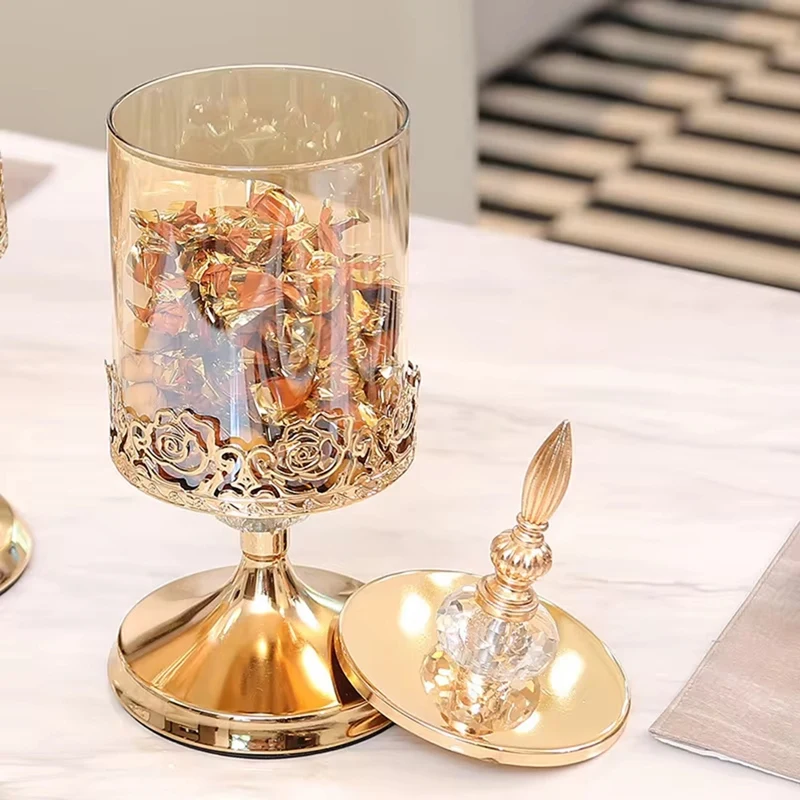European Crystal Glass Storage Jar with Lid Rose Candy Jar Gold-Plated Storage Decorative Ornaments Art HomeDecoration,L