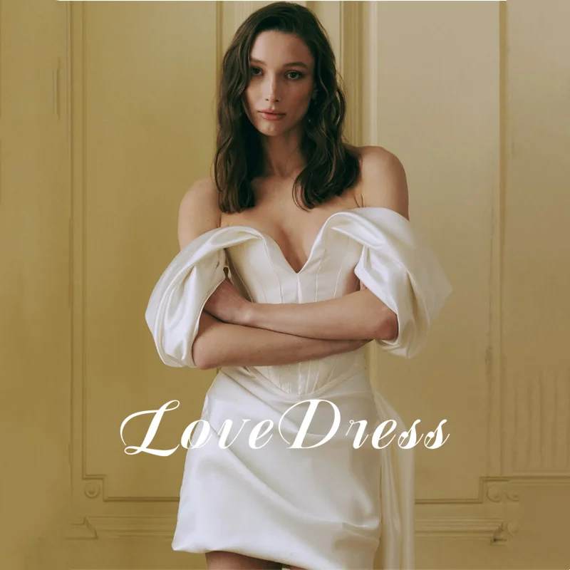 섹시한 브이넥 새틴 미니 아이보리 웨딩 드레스 민소매 오프 숄더 심플 무릎 위 플리츠 오픈 백 짧은 드레스 맞춤형