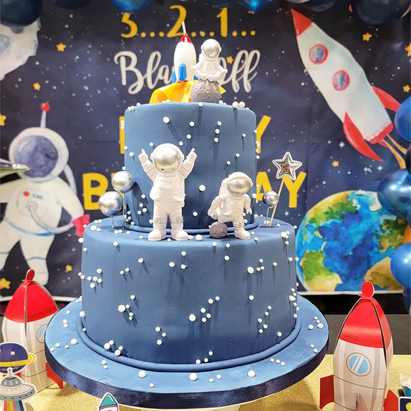 Astronaut Figurines Space Cake Toppers Planet Rocket DIY Cake Topper for Outer Space Theme Party Kids Birthday Party Baby Shower