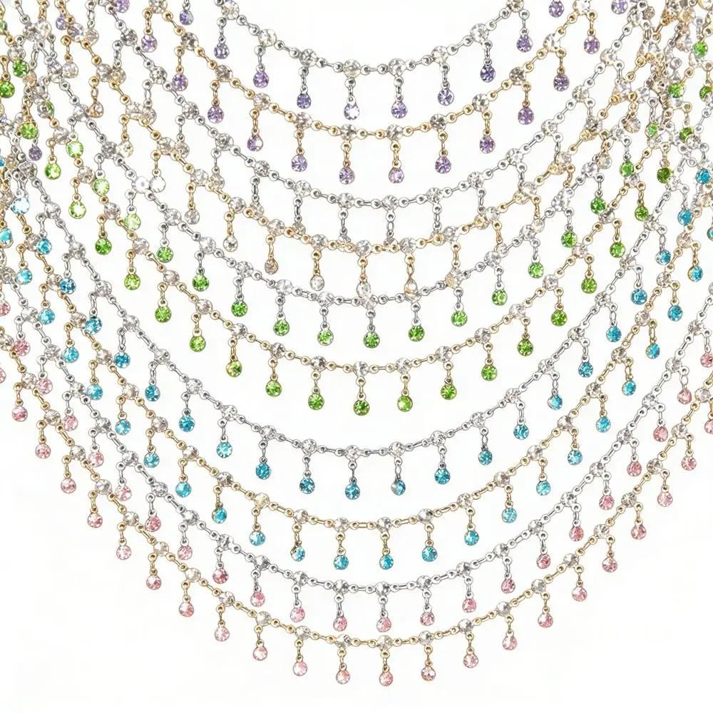 Chaîne en strass de 1 mètre de long, forme de goutte d'eau, style antique, chaîne en zircon, cristal de verre, chaîne de bijoux faite à la main, bijoux pour filles