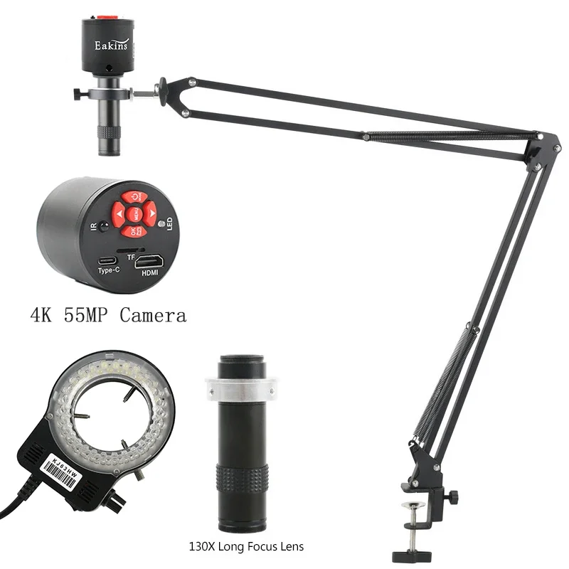 Câmera de Microscópio de Vídeo Digital 55mp 4k 1080p Hdmi Usb tipo c 1130x Lente de Montagem c 56 Led Lâmpada de Anel para Reparo de Solda