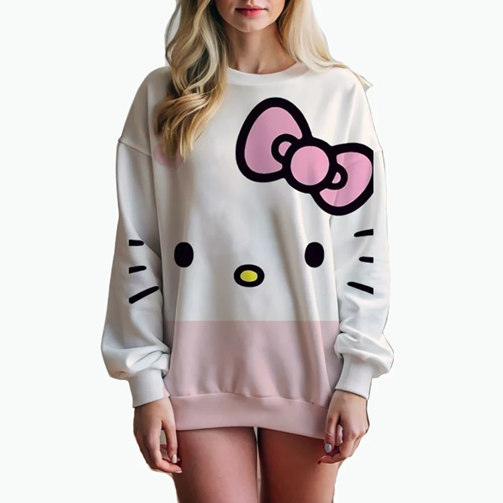 Funny Cute Hello Kitty print Women\'s Hoodie Spring and Autumn Edition Women\'s O Neck Hoodie 2024 New Casual Couple Sportswear