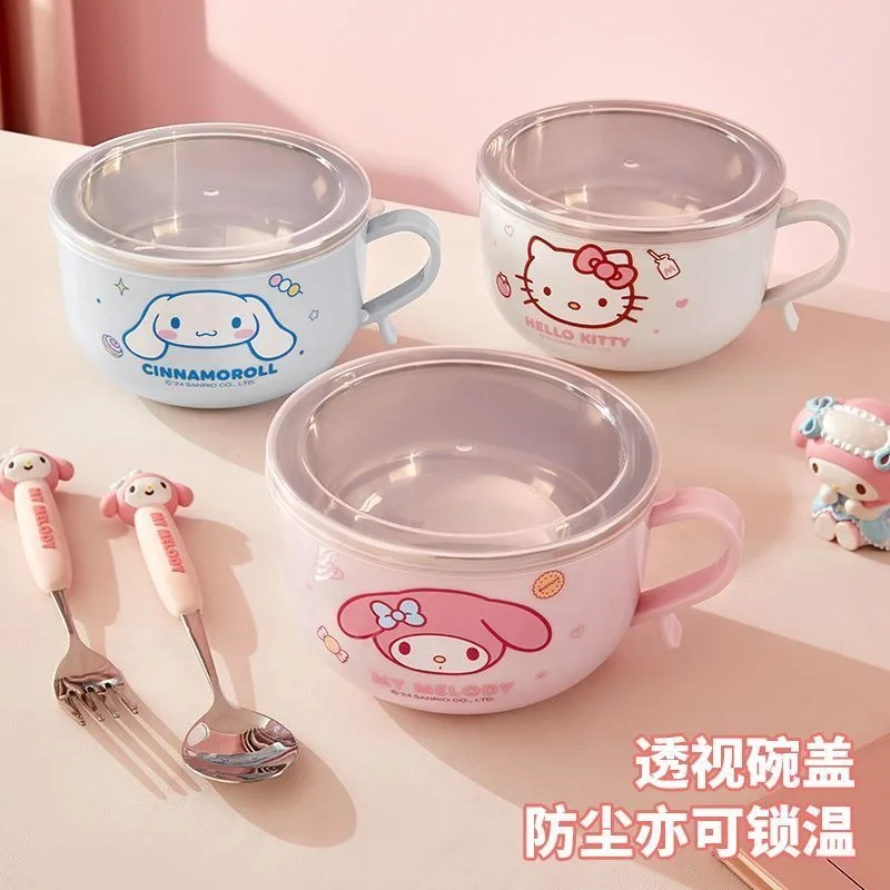 

Sanrio Hello Kitty Cinnamoroll Anime Kawaii Ins Household Bowl Cute Cartoon Children Stainless Steel Soup Tableware Gifts