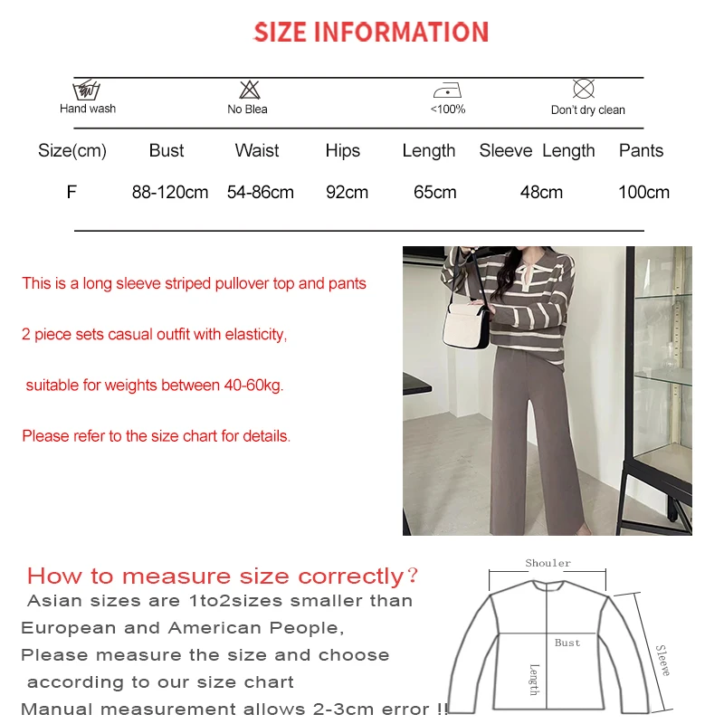 EVNISI Women Knitted Casual Set Striped V-neck Long Sleeve Pullover and High Waist Wide Leg Pants Two-piece Set Office Outfit