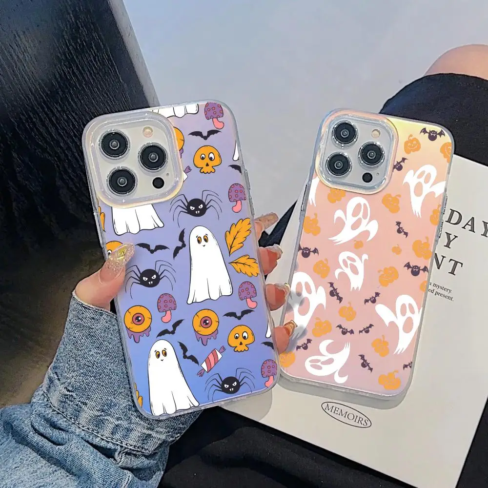 

Halloween Pumpkin Ghost Phone Case For iPhone 17 16 15 14 13 12 11 Pro Max Plus Transparent Aurora Laser Gradient Cover