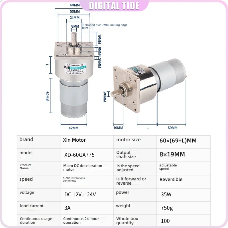 60GA775 DC Geared Motor with Speed Control, Low-Speed Operation, Forward/Reverse Function, High Torque, Miniature Gear Motor