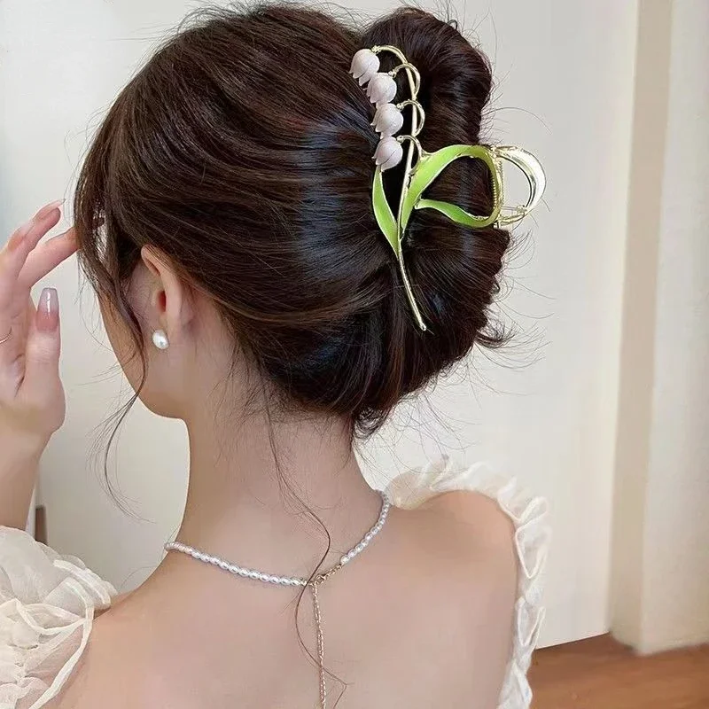New Women Elegant Gold Lily of The Valley Geometric Crab Claw Hair Hairpin Clips Vintage Metal Headband Hair Accessories