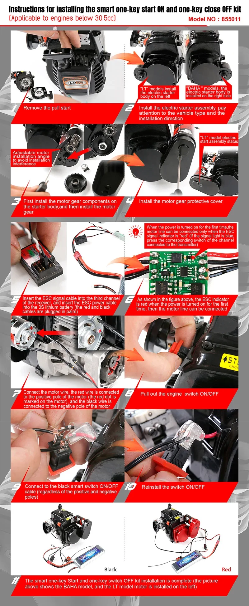 Smart One-key-Elektrostarter ESC Stromkabel für 23CC 26CC 29CC 30,5C 32CC 36CC 45CC Motor für 1/5 HPI ROFUN ROVAN KM BAJA LT