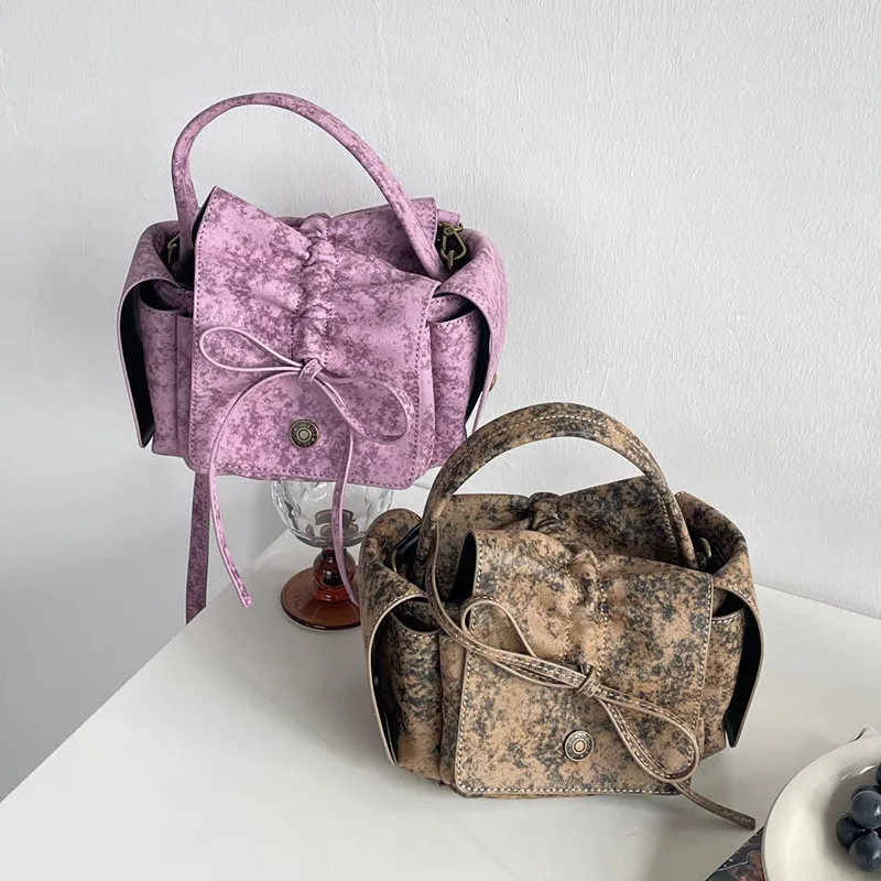 

FIRMRANCH Trendy Post-Apocalyptic Style Pleats Drawstrings Bowknot Design Vintage Fashion Handbag Spicy Girl Crossbody Purse