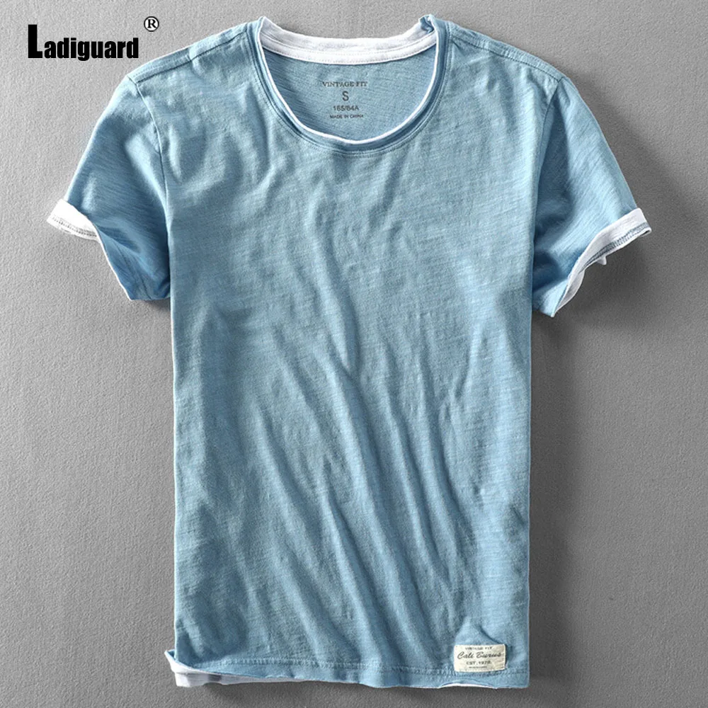 

Kpop 2025 Men's Short Sleeve Cotton T-shirt New Summer Fashion O-neck Stretch Basic Tops Blue White Soft Casual Beach Pullovers