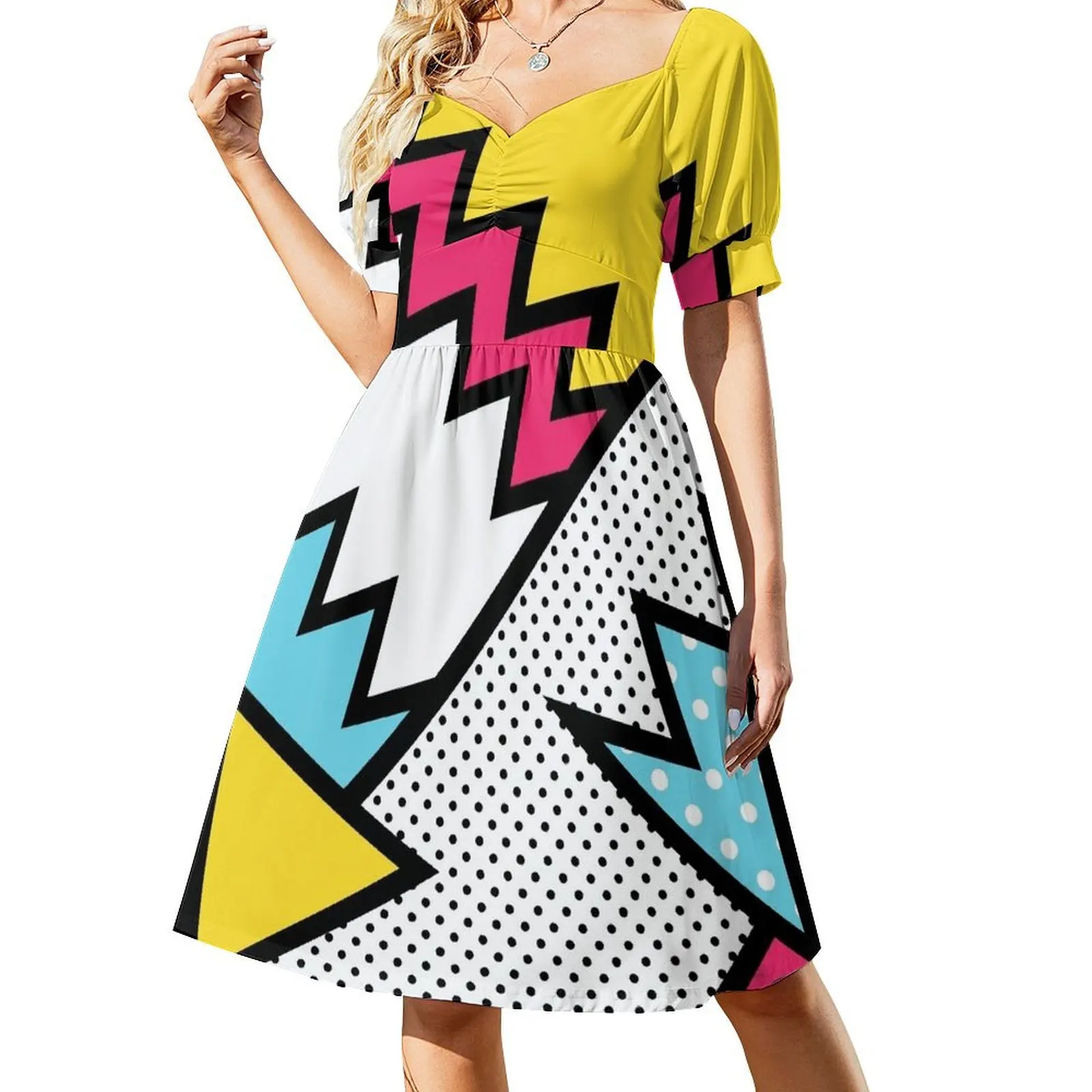 

ZigZag 80s Memphis Pattern Short Sleeved Dress loose summer dress long dress women summer