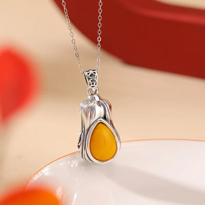 Chinese Style Lucky Wealth Attracting Cabbage Pendant Necklace For Women Vintage Old Silver Yellow Stone Good Luck Blessing Jewe