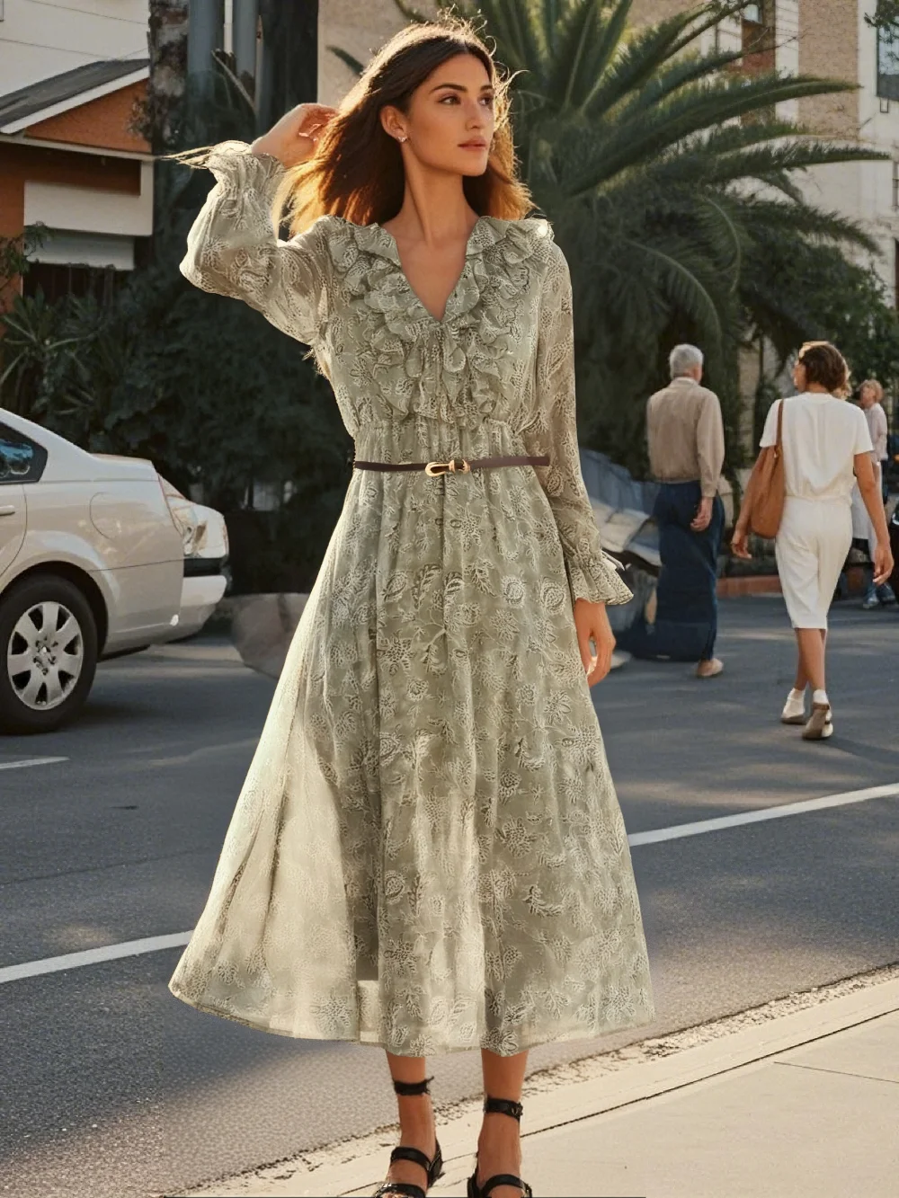 

PB&ZA women's long sleeve dress with V-neck ruffle trim and floral pattern belt design for a fashionable look