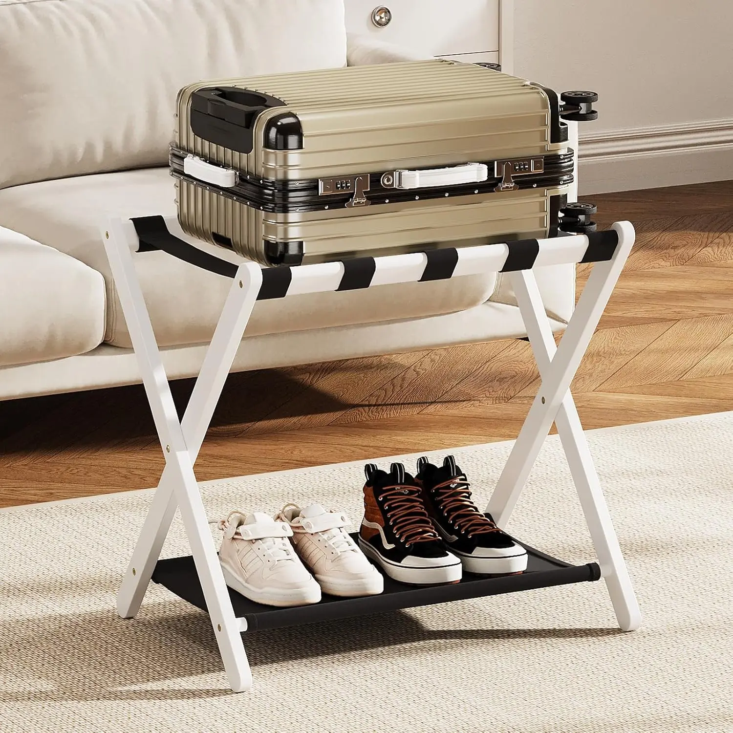 

Fully Assembled Luggage Rack, 26.77" Folding Suitcase Stand with Storage Shelf, Bamboo Luggage Stand for Guest Room, Bed