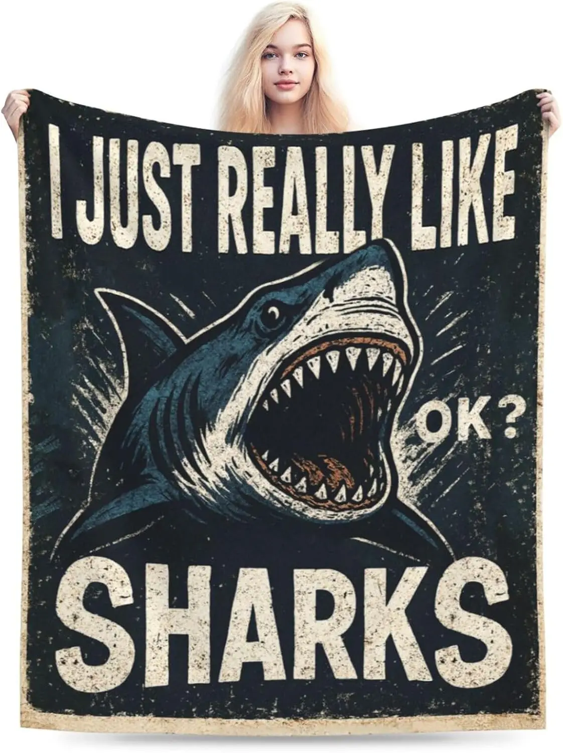 Vintage Grunge Great White Shark Letter Print Flannel Throw Blanket, Soft Warm Sofa Cover, Ocean Gift For Bedroom Daily Rest Use