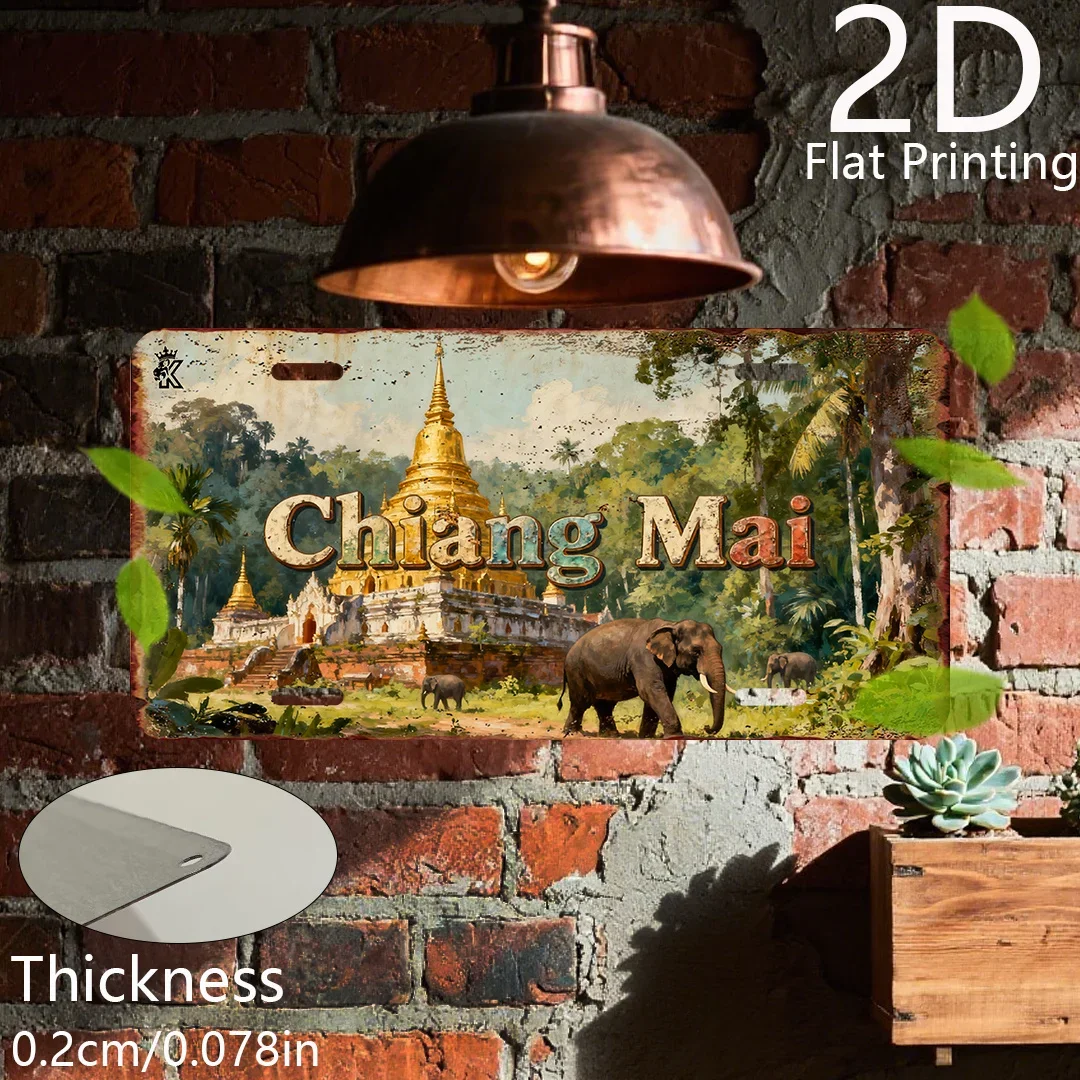 2D Flat, 1pc 2D Flat Poster - 1pc 2D Flat Printed Vintage Plate | Decorative Plaque and Statue, Chiang Mai Theme, 15 X 30cm