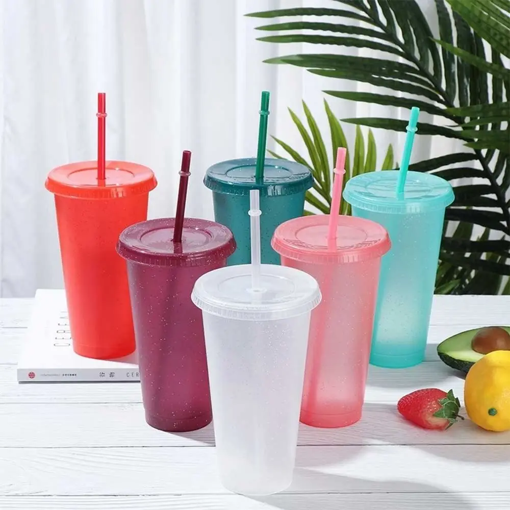 1 PCS Reusable Straw Drinking Cup Personalized Flash Powder Water Bottle Durable Plastic Tumblers With Straws,Lid