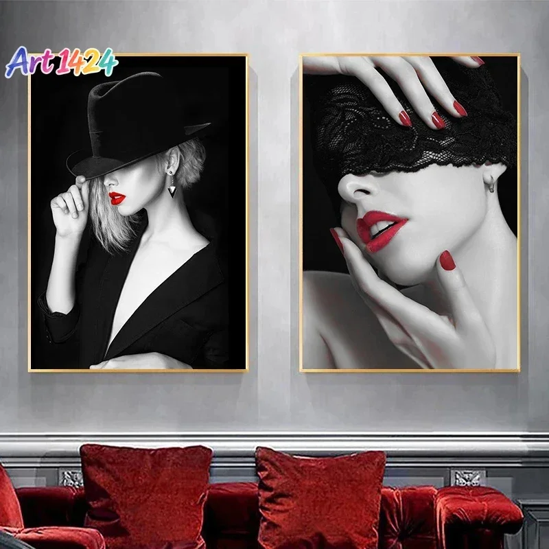 Red Lips Sexy Woman Canvas Painting Fashion Girl Babes Wall Art Pictures Modern For Home Living Room Wall Decoration Frameless