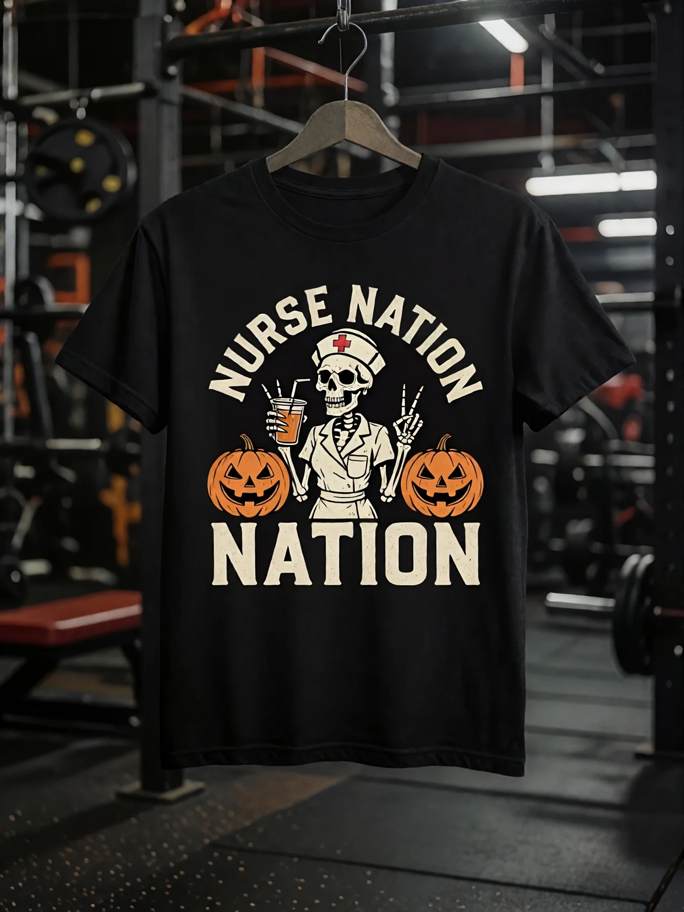 Men's Cotton T-Shirt with Nurse Nation Skeleton Jack-o'-lantern Patch - Loose Fit Round Neck Casual Top, Suitable for Halloween & Nurse-Themed Outfits, Machine Washable Apparel for Year-Round Wear or Holiday Seasonal Clothing