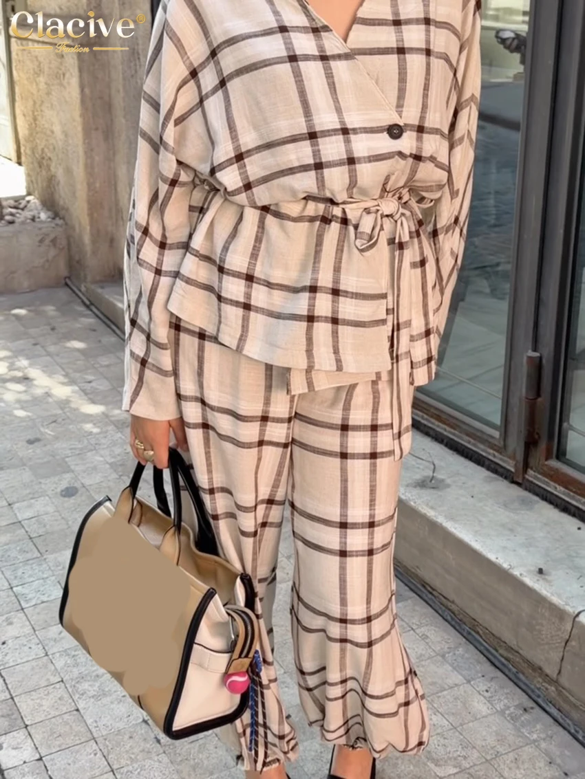 Clacive Fashion Loose Print 2 Pieces Set For Woman 2027 Elegant Long Sleeve Shirt With High Waist Wide Pants Set Female Clothing