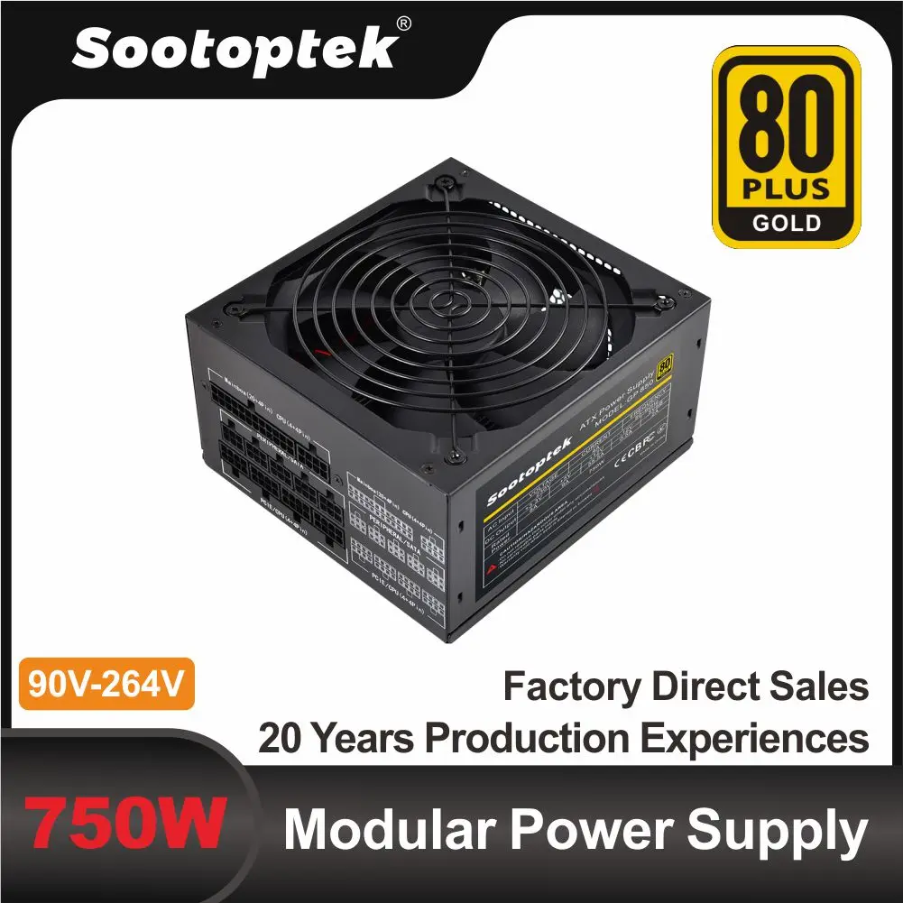Atx moduler psu 750w 80 plus ouro 90v-264v venda quente i/o comutação fonte de alimentação do pc apfc oem de tensão completa