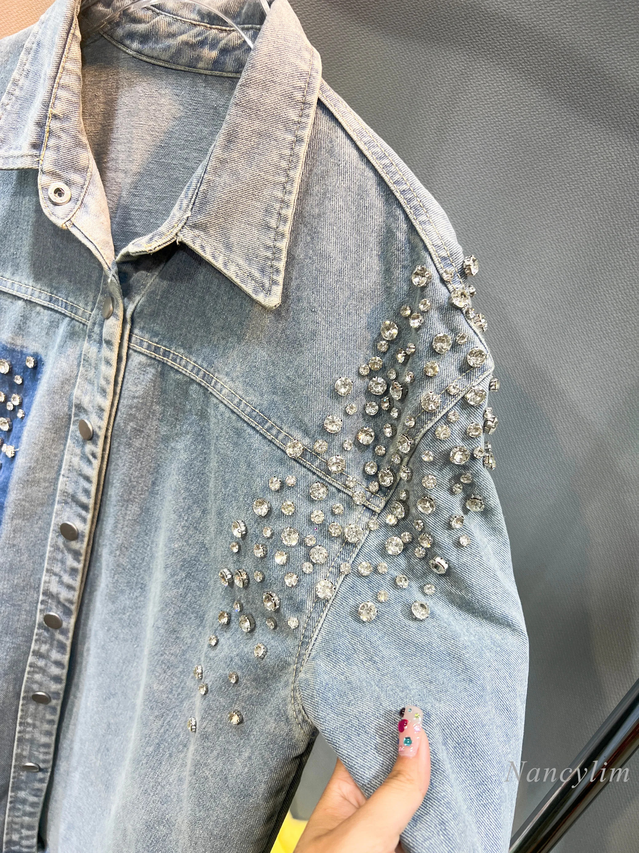 Autumn Fashion Heavy Industry Washed Loose Denim Shirt Light Luxury Diamond-Embedded High-Grade Design Jean Blouse Buttons Tops