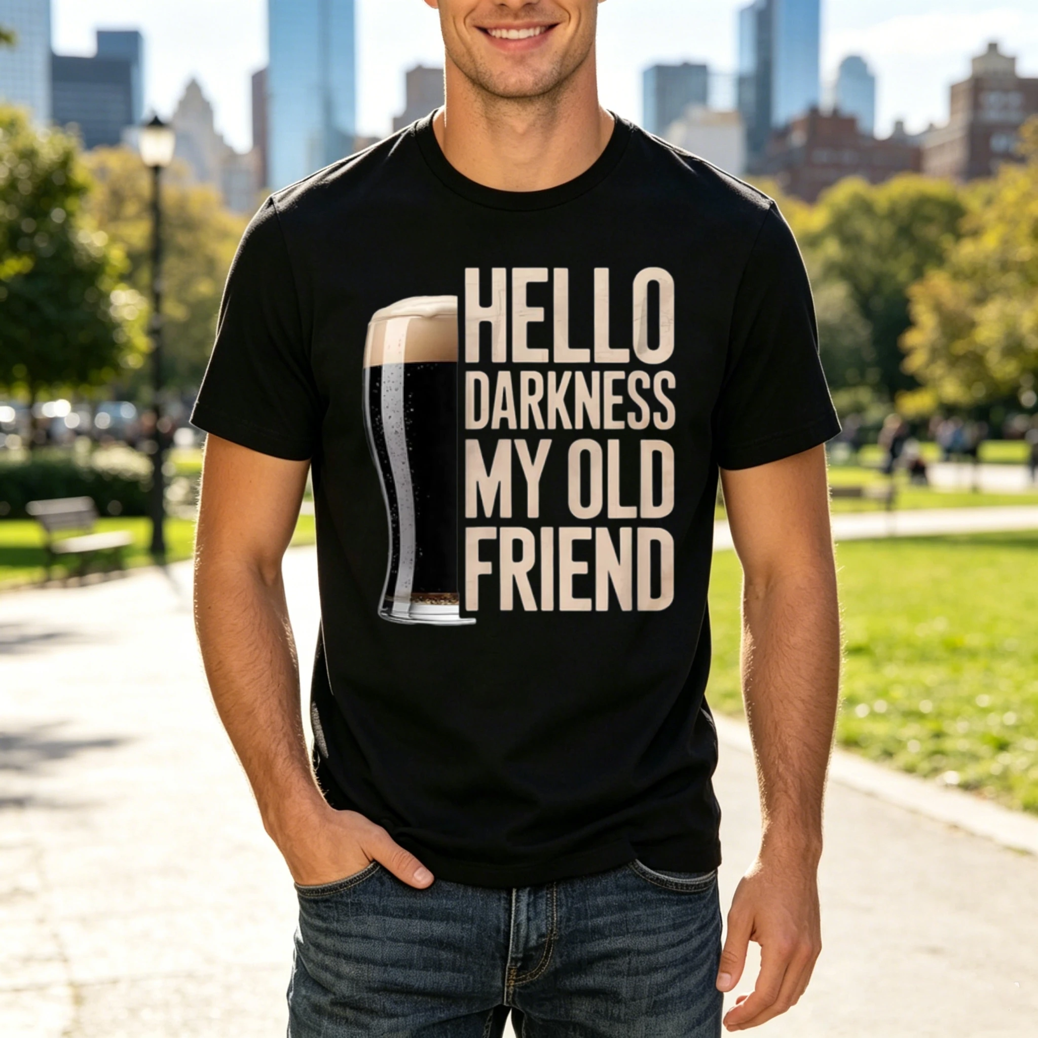 Men's Funny Beer T-Shirt Hello Darkness My Old Friend Stout Beer Graphic Casual Crew Neck Tee Beer Lover Gift