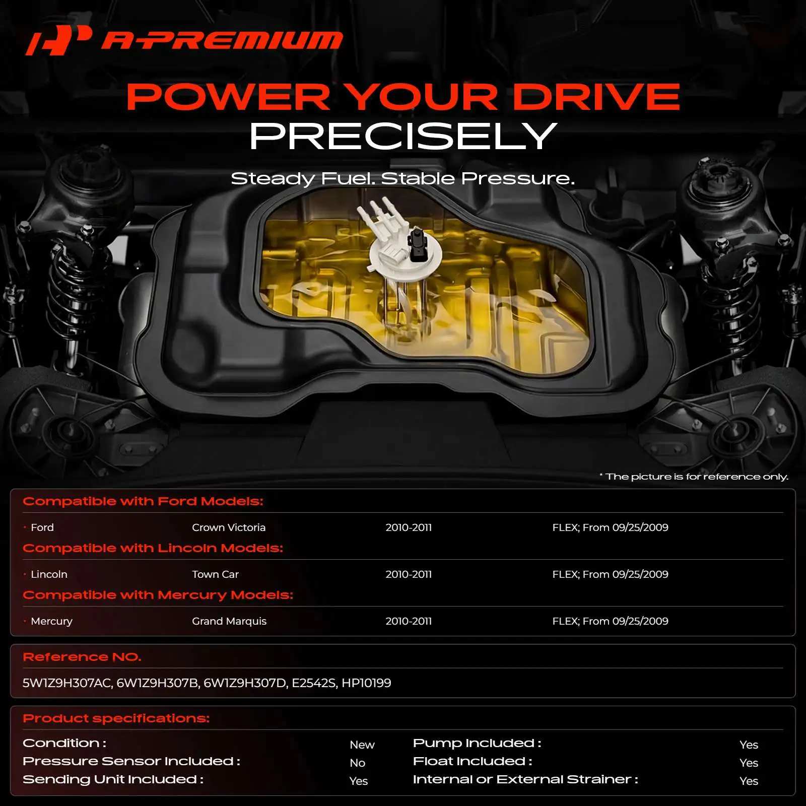 A-Premium Fuel Pump Assembly for Ford Crown Victoria 2010-2011 Lincoln Town Car 2010-2011 Mercury Grand Marquis 2010-2011