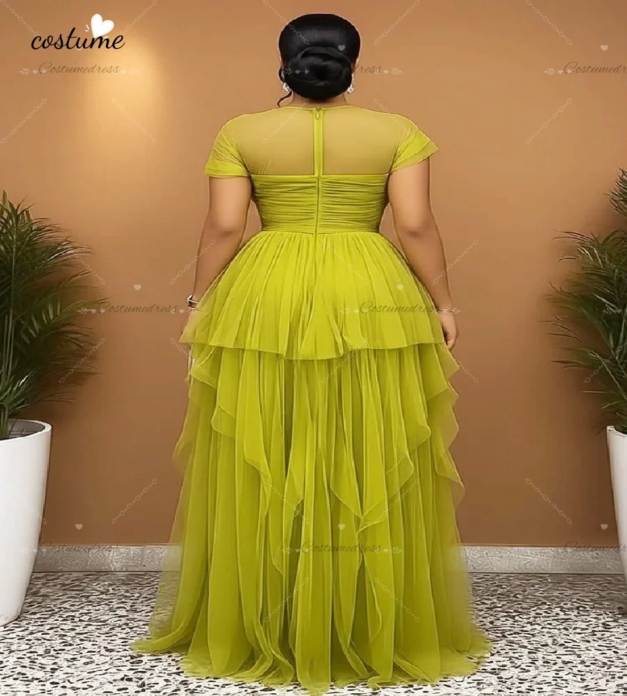 魅力的なレモングリーンの人魚風イブニングドレス2026半袖チュールプラスサイズプロムドレス黒人女性ハイ スリットダンス誕生日