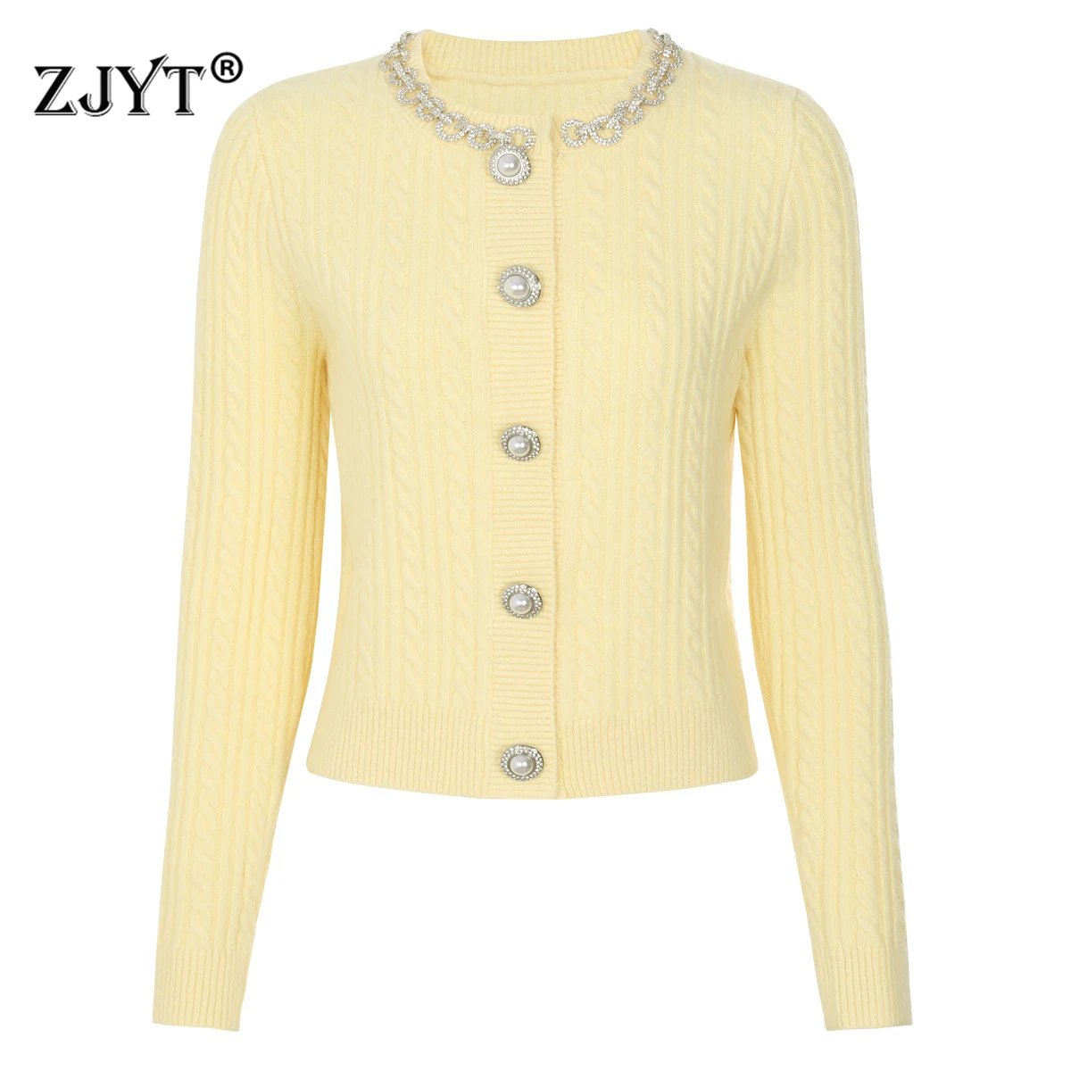 

ZJYT осень-зима кардиган с круглым вырезом и бисером, свитера для женщин, желтые вязаные топы с длинными рукавами, Джерси Mujer, мода, новинка 2023 года