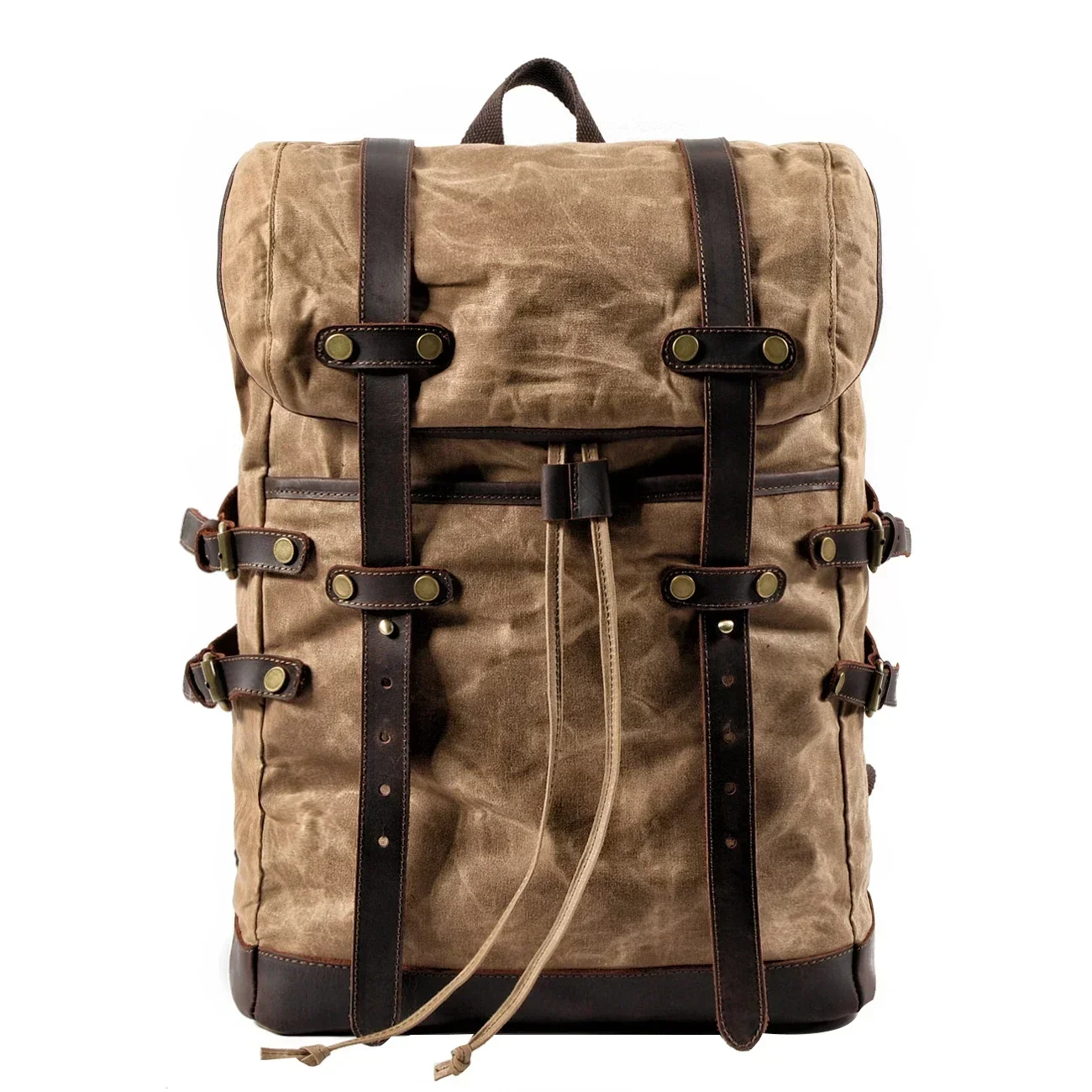 Retro - style Waxed Canvas Backpack with Genuine Leather Straps and Brass Rivets Spacious Roll - Top Rucksack for Men