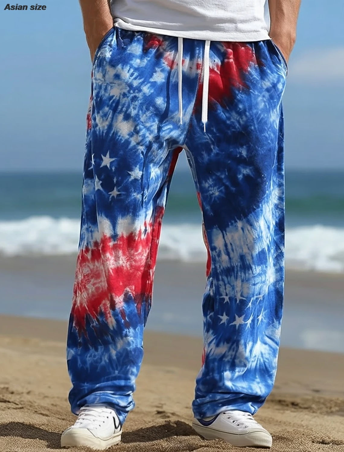 Men's Tie Dye Print US Flag  Anniversary Trousers Baggy Pants Casual Pant Mid Waist Fashion Casual Home Elastic Drawstring Waist