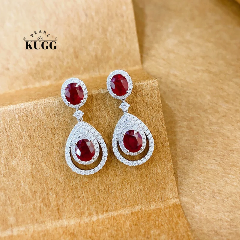 KUGG 100% 18K White Gold Earrings Luxury Elegant Style Shiny Diamond Natural Ruby Earrings for Women High Party Jewelry