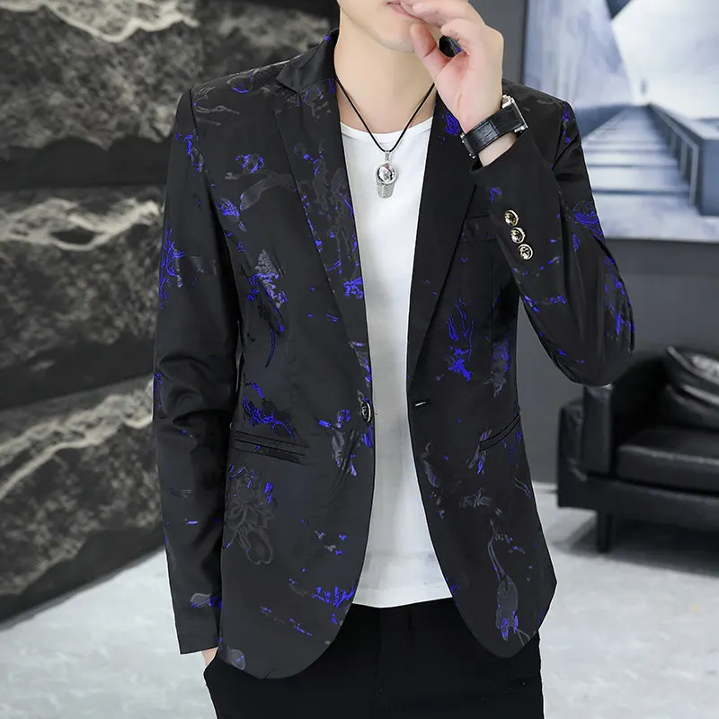 

Spring Autumn Men's Printed Small Western Suit Bar Host Night Club Haome Jaet Korean Trendy Clothes Stand Fit Long Sl...
