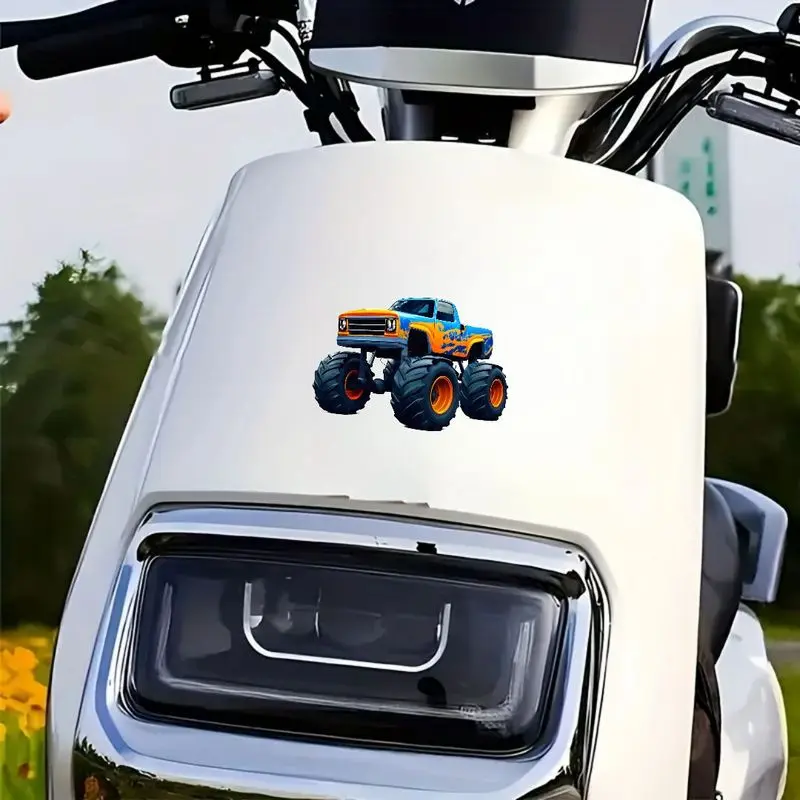 

1 Car Vinyl Decal - Vibrant Monster Truck Design Featuring a Blue Body with Orange Accents, Large Black Tires with Orange Rims